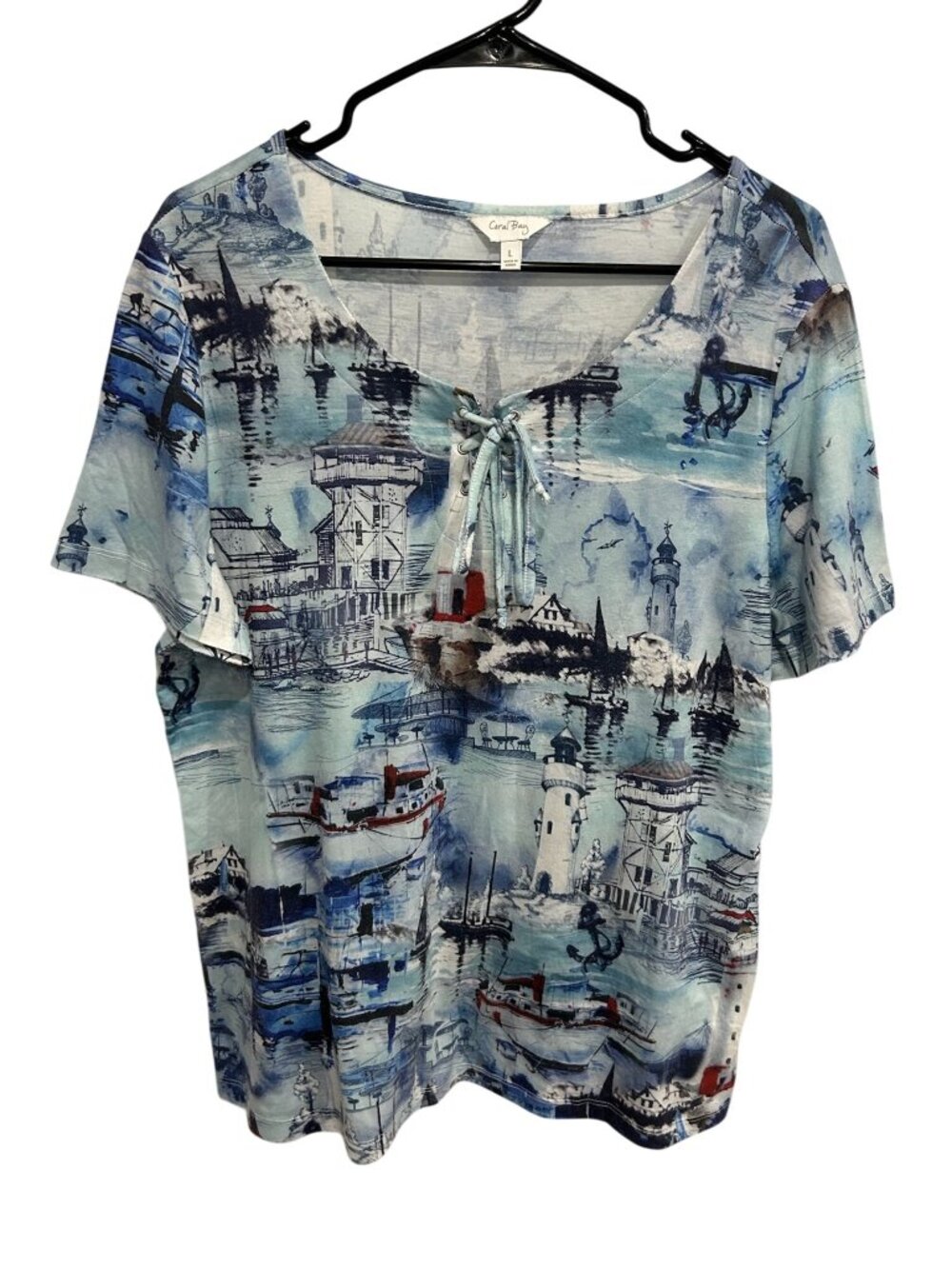 Coral Bay Women's Nautical Print Lace-Up Top Size Large Blue Coastal Preppy